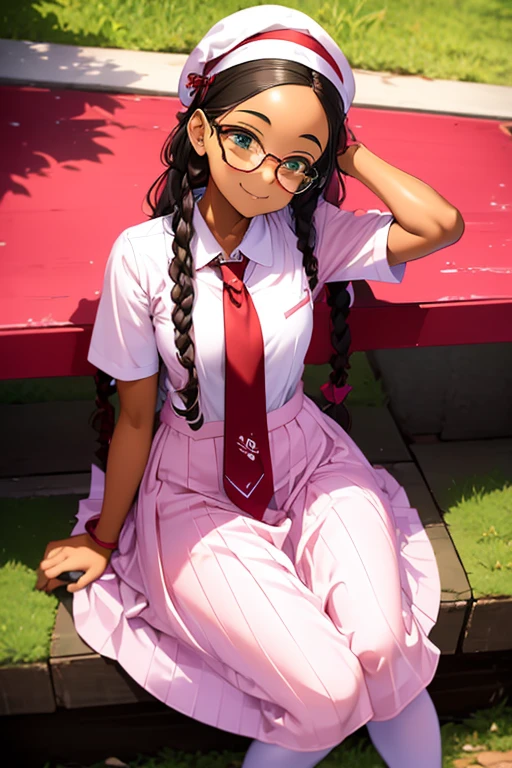 (masterpiece), (best quality), 1girl, solo, afro, pink beret, , white shirt, red tie, pink and white plaid skirt, pink thigh highs, glasses, dark skinned female, looking at viewer, smiling, outside, under tree.