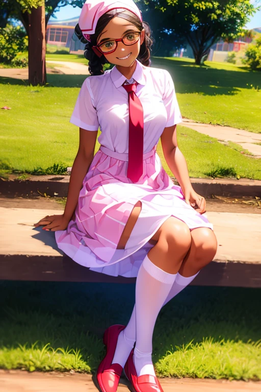 (masterpiece), (best quality), 1girl, solo, afro, pink beret, , white shirt, red tie, pink and white plaid skirt, pink thigh highs, glasses, dark skinned female, looking at viewer, smiling, outside, under tree.