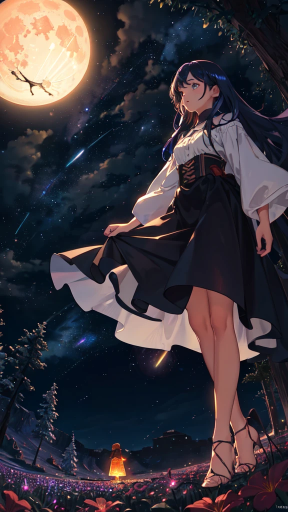 expansive landscape photograph , (a view from below that shows sky above and open field below), a girl standing on flower field looking up, (full moon:1.2), ( shooting stars:0.9), (nebula:1.3), distant mountain, tree BREAK
production art, (warm light source:1.2), (Firefly:1.2), lamp, lot of purple and orange, intricate details, volumetric lighting, realism BREAK
(masterpiece:1.2), (best quality), 4k, ultra-detailed, (dynamic composition:1.4), highly detailed, colorful details,( iridescent colors:1.2), (glowing lighting, atmospheric lighting), dreamy, magical, (solo:1.2)