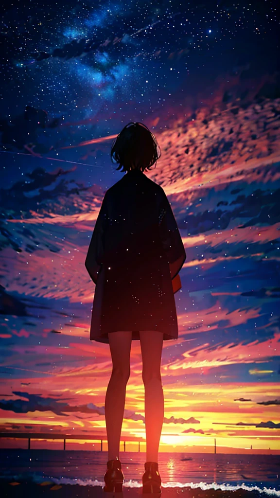 At night, ager standing by the sea,Looking up at the starry sky,Full body photo,delicated,nood