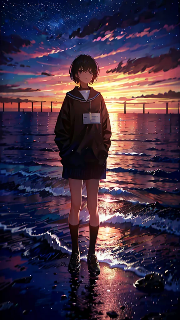 At night, Teenager standing by the sea，Looking up at the starry sky，Full body photo，delicated，nood