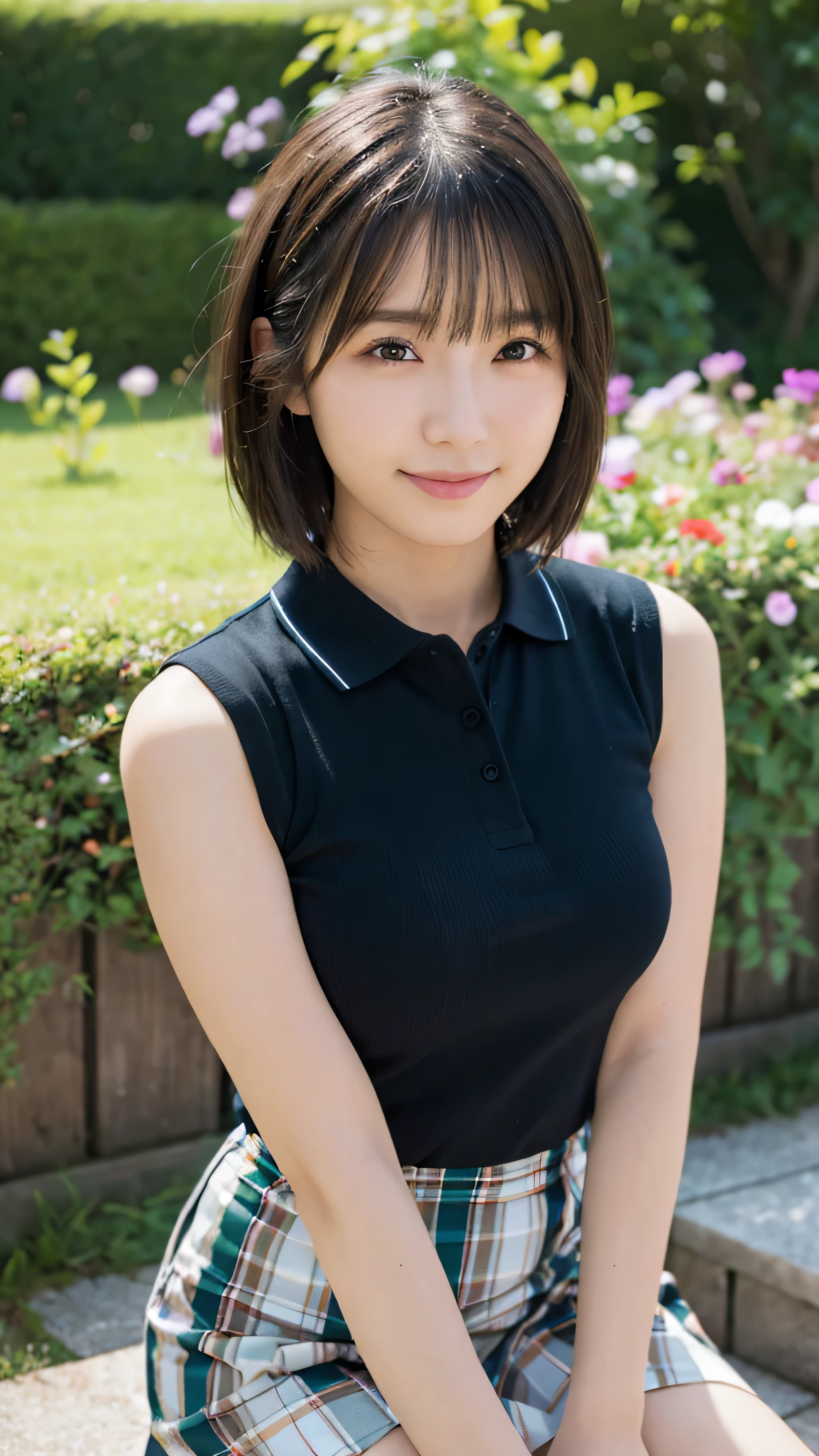 (highest quality,masterpiece:1.3,Ultra-high resolution),(Very detailed,Caustics,8k), (Realistic:1.4, RAW shooting),garden,Grass,sit,Japanese,20-year-old,cute,(smile),Looking into the camera,Short black hair,Polo shirt,mini skirt,High Angle,High Position,Face Focus,Face close-up,Natural light