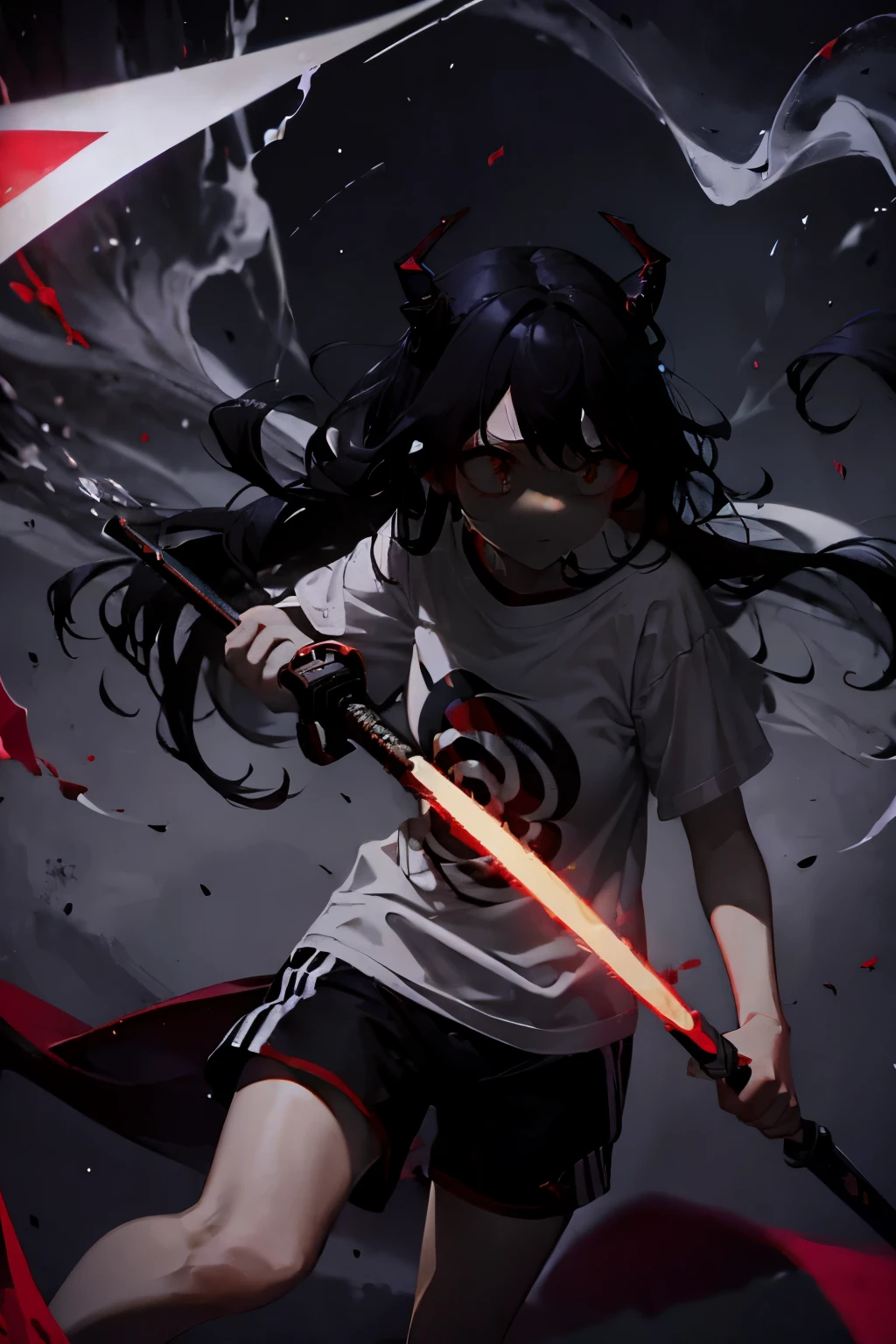 Red eyes, long curly black hair, horns growing from the side of her head, floating girl, , wearing a long white short-sleeved T-shirt, black shorts, sneakers, red and black lightning, holding a sword