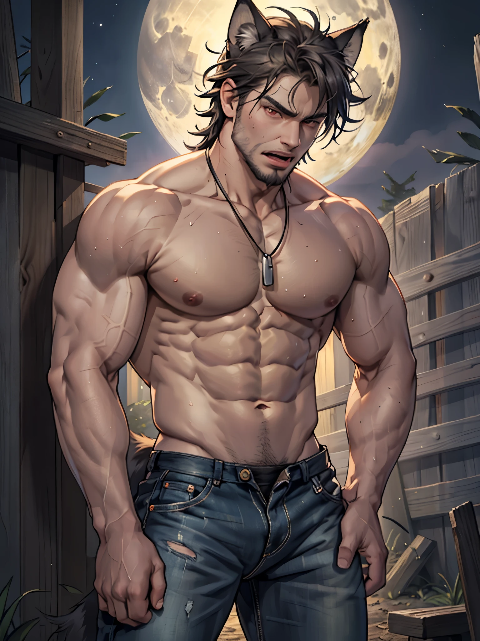 Close up, there's a naked man with wolf ears and wolf tail, torn pants, wolf tail, mature male, muscular, veins, tan skin, Sexybody, anthropomorphic, extra detailed body, detailed body, Best quality, masterpiece, ultra high res,detailed background,realistic, real shadow and light,depth of field, (looking at viewer), bare chest, public hair, angry face, open mouth, red eyes, gray short hair, beard, collar, Eyebrow notching, huge crotch, sweaty, at woods, full moon, at night time.