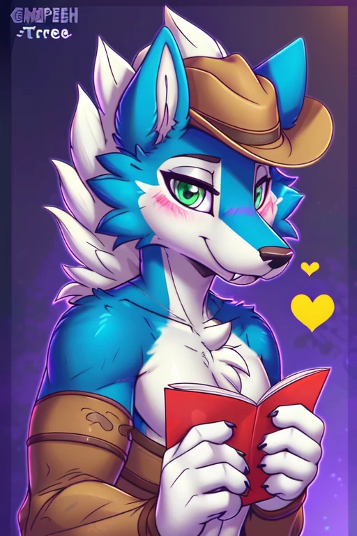 Blue Shiny Lycanroc, male, brave male, very manly, some muscles, wolf accents, wolf ears, ears up, blue fur, blue body, blue skin, Green eye, Shiny eyes, Pixar eyes, perfect eyes,  wearing cowboy hat, wearing cowboy outfit, holding a love letter in shape of a heart, (hyper realistic 1.7), long fluffy tail, very large tail, tail up, very furry and fluffy, very large fangs, smiling, perfect ligthing, close up to chest, be my valentine background, front View, looking at Viewer, (dimwitdog 2.7), (thesecretcave 1.9), (zaush 1.6), (cooliehigh 1.9), (R-mk 1.9), (complextree 2.4), (pixelscketcher 1.9), (Cervina7 1.4), (messh 1.9), (eternityzinogre 2.1)