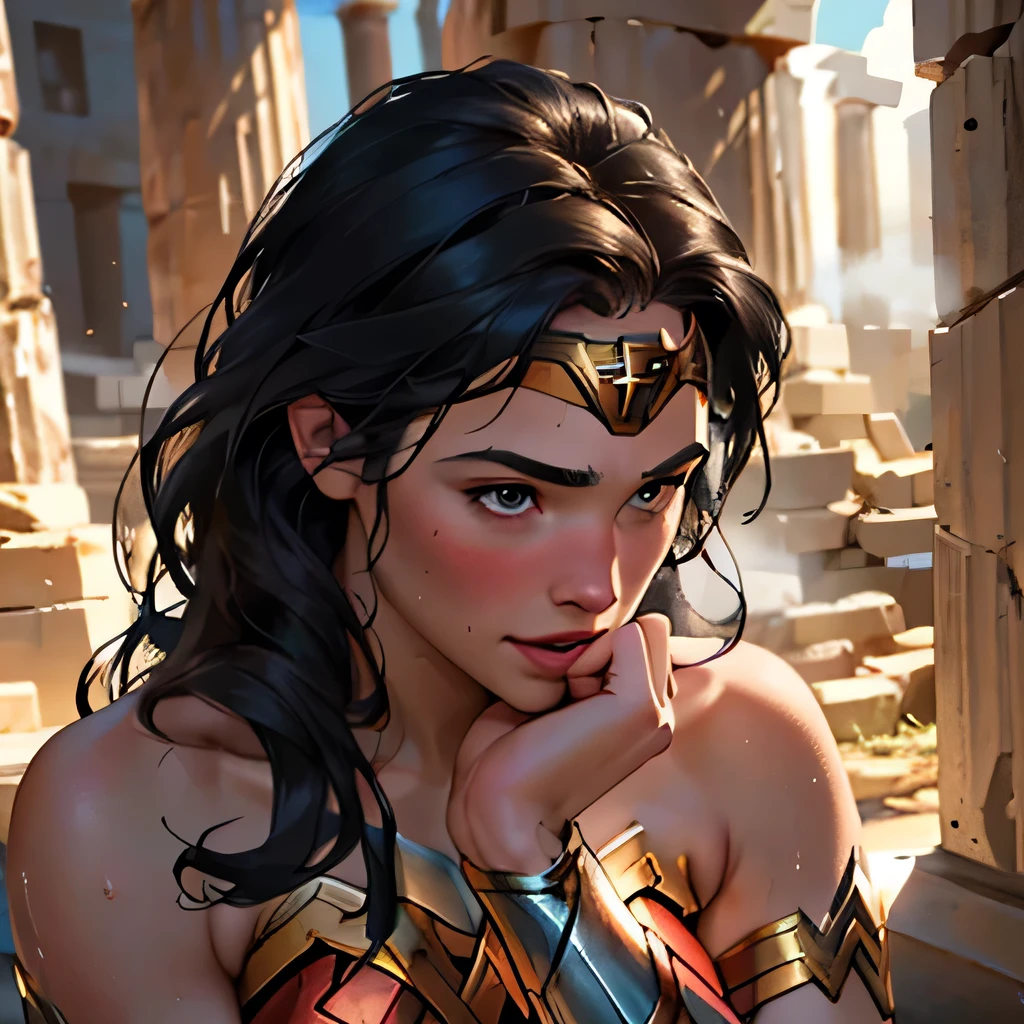 (masterpiece:1.3), (8k, Realistic, RAW Photos, highest quality: 1.4), ((One girl)), ((Gal Gadot, WONDER WOMAN)), Beautiful Face, (Realistic Face), Beautiful hairstyle, Realistic eyes, Beautiful fine details, (Realistic Skin), Beautiful Skin, Absurd, Charm, Ultra-high resolution, Ultra-realistic, Very detailed, Golden Ratio, (Best Shadow), Cinematic, (Complex:1.4), (Accurate hand and finger depiction), smile, Sweat, Flushing, Voluptuous body, NSFW ((Penis rubbing cheek)), ((1boy, 1penis:1.1)), BREAK ((Inside the ruins of a Greek temple)), (steam:1.2), cowboy shot, Side view