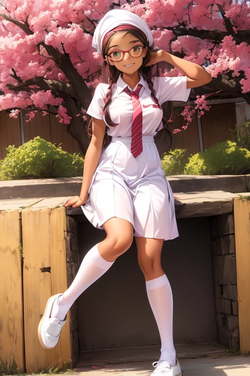 (masterpiece), (best quality), 1girl, solo, afro, pink beret, , white shirt, red tie, pink and white plaid skirt, pink thigh highs, glasses, dark skinned female, looking at viewer, smiling, outside, under tree.