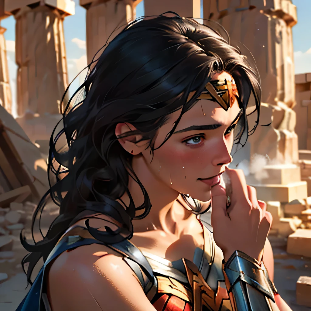 (masterpiece:1.3), (8k, Realistic, RAW Photos, highest quality: 1.4), ((One girl)), ((Gal Gadot, WONDER WOMAN)), Beautiful Face, (Realistic Face), Beautiful hairstyle, Realistic eyes, Beautiful fine details, (Realistic Skin), Beautiful Skin, Absurd, Charm, Ultra-high resolution, Ultra-realistic, Very detailed, Golden Ratio, (Best Shadow), Cinematic, (Complex:1.4), (Accurate hand and finger depiction), smile, Sweat, Flushing, Voluptuous body, NSFW ((Penis rubbing cheek)), ((1boy, 1penis:1.1)), BREAK ((Inside the ruins of a Greek temple)), (steam:1.2), cowboy shot, Side view