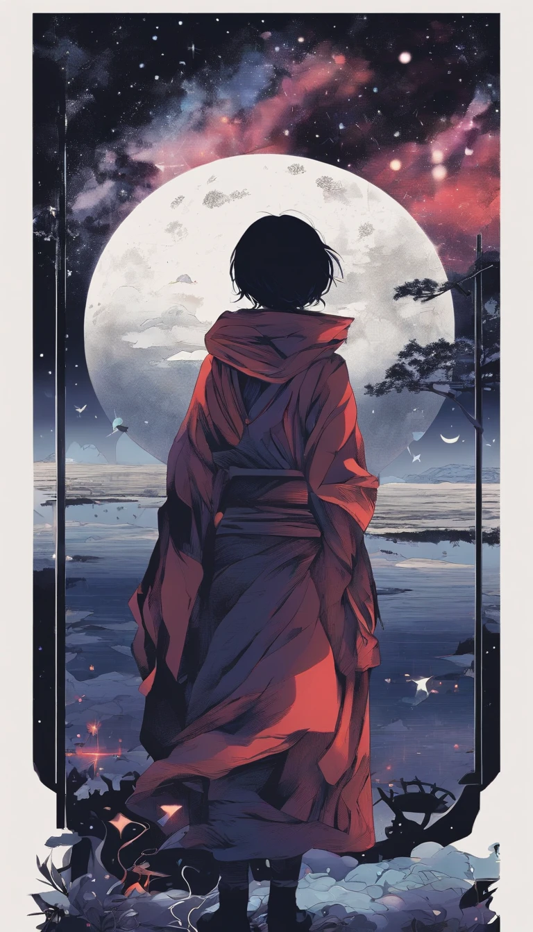 starrysky，The characters are small，The figure is shrouded in shadows，Pitch black night sky，Characters with their backs，looking at the stars，landscape,The stars are arranged as sickles and hammers