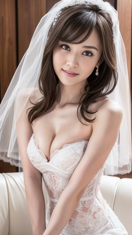 (1girl), ponytail, Extremely cute face, Amazing face and eyes, (Highly detailed eyes, Highly detailed face), fresh, Very clean appearance, (Hyper-realistic, hight resolution), (Best Quality:1.4), (hyper quality), Authentic skin texture, Raw photo, (Realistic, Photorealsitic:1.37), highly detailed, Professional Photography, (beautiful lace bridal dress:1.5), (lace bridal dress with open front), (cleavage:1.2), (Bare shoulders), Smile slightly, (Staring at me), luxury living room, girl portrait,