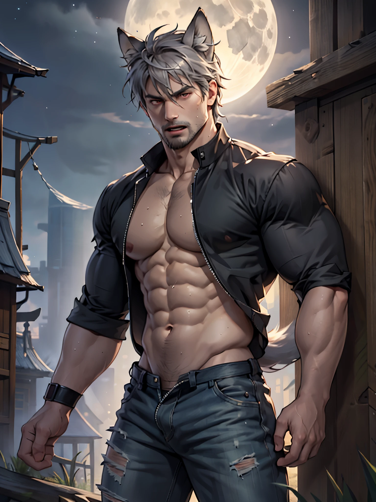 Close up, there's a naked man with wolf ears and wolf tail, torn pants, wolf  tail, mature male, muscular, veins, tan skin, Sexybody, anthropomorphic, extra detailed body, detailed body, Best quality, masterpiece, ultra high res,detailed background,realistic, real shadow and light,depth of field, (looking at viewer), bare chest, public hair, angry face, open mouth, red eyes, gray short hair, beard, collar, Eyebrow notching, huge crotch, sweaty, at woods, full moon, at night time, un zip.