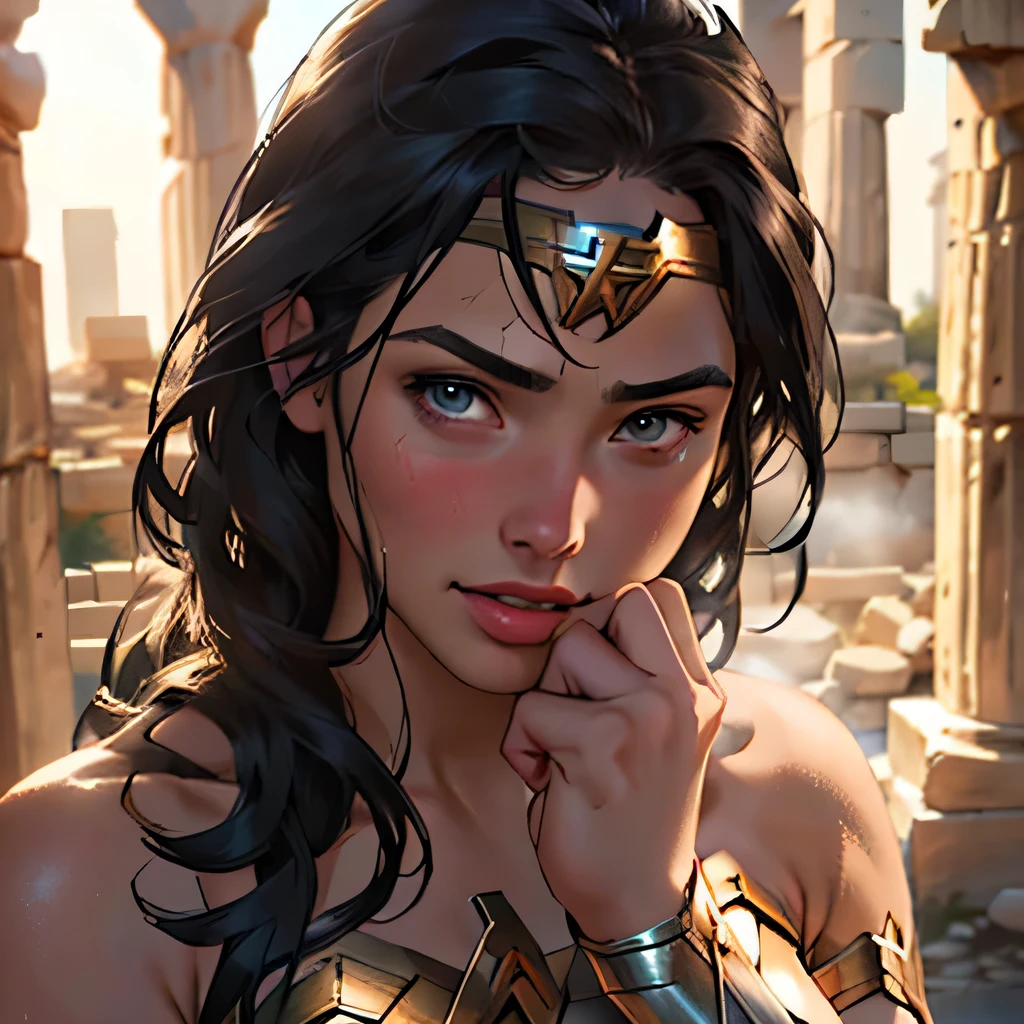 (masterpiece:1.3), (8k, Realistic, RAW Photos, highest quality: 1.4), ((One girl)), ((Gal Gadot, WONDER WOMAN)), Beautiful Face, (Realistic Face), Beautiful hairstyle, Realistic eyes, Beautiful fine details, (Realistic Skin), Beautiful Skin, Absurd, Charm, Ultra-high resolution, Ultra-realistic, Very detailed, Golden Ratio, (Best Shadow), Cinematic, (Complex:1.4), (Accurate hand and finger depiction), smile, Sweat, Flushing, Voluptuous body, NSFW ((Penis rubbing cheek)), ((1boy, 1penis:1.1)), BREAK ((Inside the ruins of a Greek temple)), (steam:1.2), cowboy shot