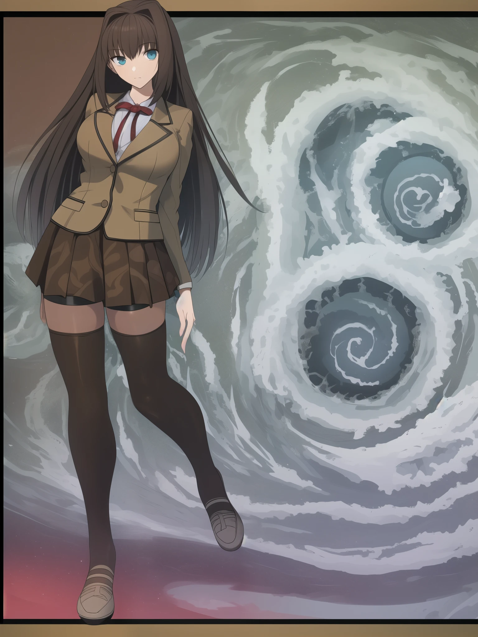 BREAK, blank background, white background, (EMPTY BACKGROUND), BREAK (masterpiece:1.2), best quality, high resolution, 8k, illustration, (beautiful detailed eyes:1.6), extremely detailed face, extremely detailed, CG, perfect hands, perfect anatomy, (((1girl))), (((solo))), (((bbaoko:1)), (((2 legs max:1.7))), (((2 feet max:1.6))), ((swirling vortex shaped longest brown hair:1.5)), (brown longest hair with slightly reddish undertone:1.6), (lush luscious longest brown hair:1.6), (very long voluminous longest brown hair:1.5), serious, blue eyes, red bowtie, (Form-fitting beige blazer:1.5), brown jacket, (highly detailed beautiful face:1.2), (white shirt:1), (well shaped large breasts:1.6), (nice hips:1), (((Umber pleated thigh-high skirt:1.6))), (((black bike shorts:1.4))), (2 nice visible thighs:1.6), (symmetrical thigh-high black colored stockings:1.6), (strap shoes brown color), (facing front:1.5), ((standing straight:1.5)), ((Fullbody in frame:1.6)), ((Full body:1.5))