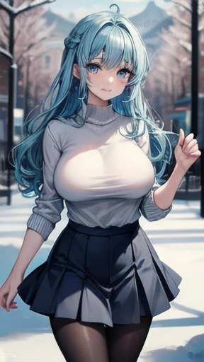 masterpiece, best quality, ultra-detailed, beautiful lighting, 1girl, (blue hair:1.2), black eyes, walking, (winter), happy, smiling, nude, full shot, long hair, glossy lips, full body, arms down,(large breasts, cleavage), single sidelock,pussy juice, (in school),(people:1.2),leather shoes,loose_socks,scarf,snow,