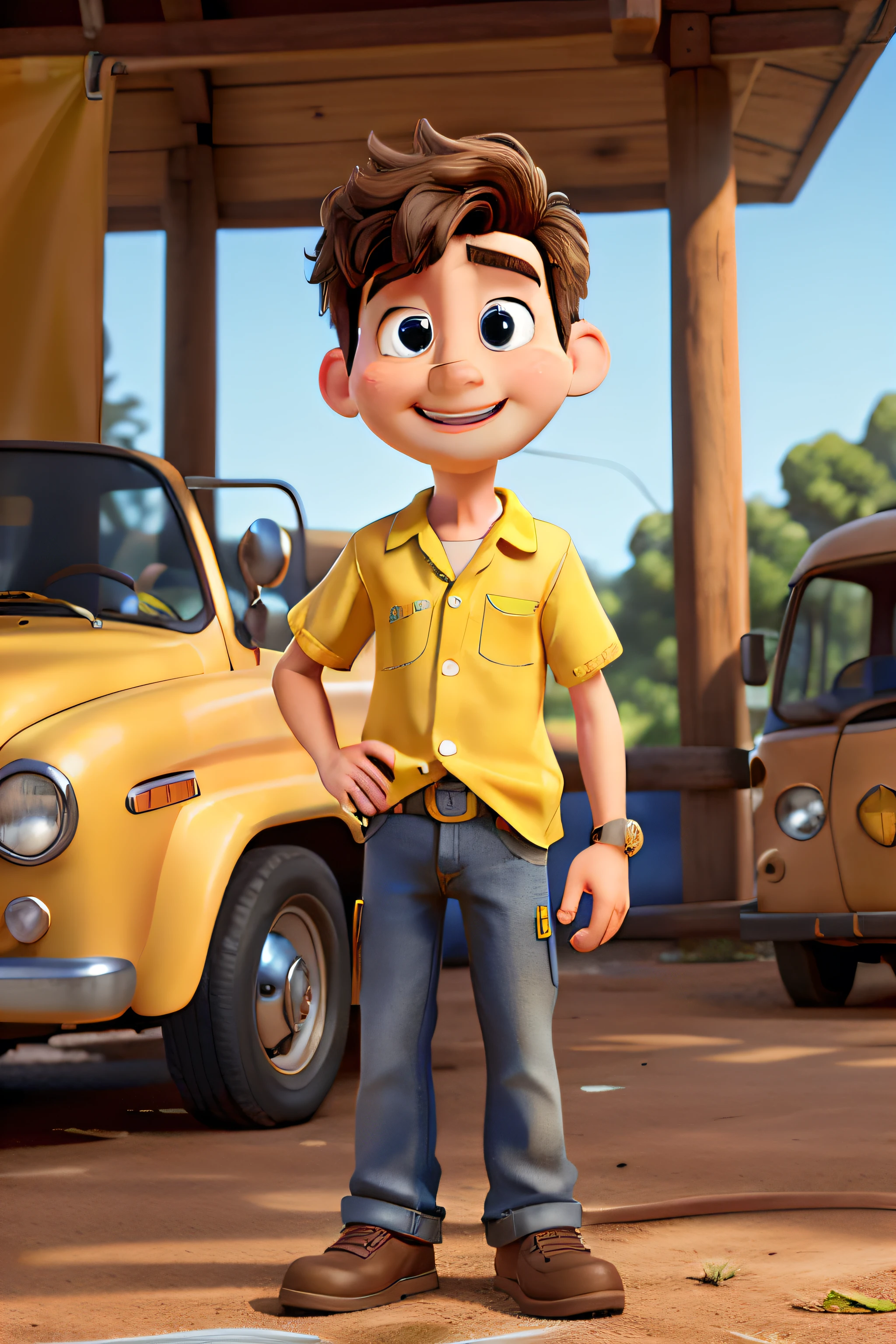 Disney Pixar style boy wearing yellow shirt near car holding handmade gem tag