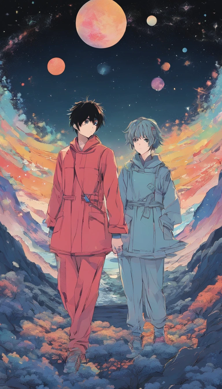 starrysky,The characters are small,The figure is shrouded in shadows,Pitch black night sky,Characters with their backs,looking at the stars,landscape,The stars are arranged as sickles and hammers