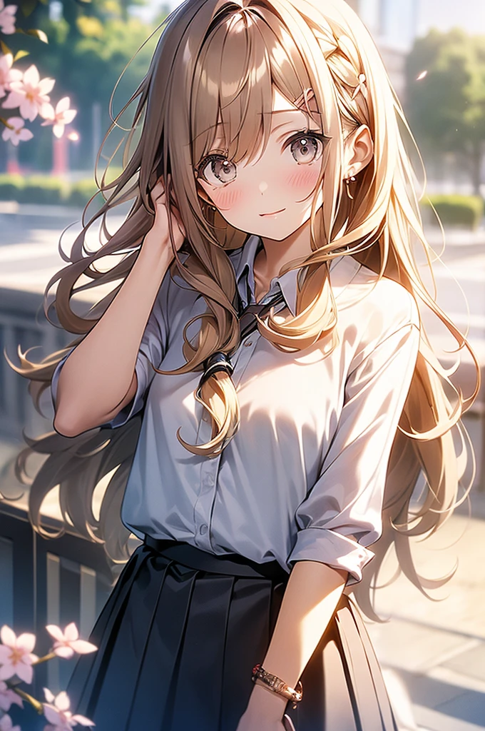 Category: Facial Expressions Expression: Tsundere (a mix of sweet and sour expressions) Hair: Long, curly brown hair with a few loose strands framing the face Outfit: A casual with a white blouse and a short, pleated skirt Accessories: A small, golden hair clip in the shape of a cherry blossom Composition: A close-up shot of the girl's face, with a subtle blur effect in the background to emphasize her expression Background: A soft, pastel-colored background with a few subtle, swirling patterns