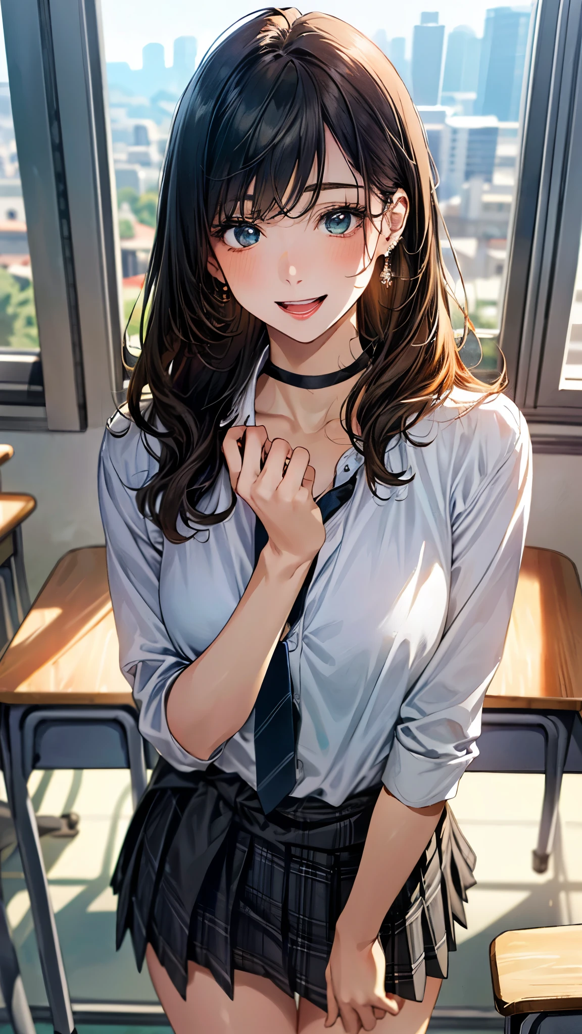 (masterpiece:1.3, top-quality, ultra high res, ultra detailed), (realistic, photorealistic:1.4), beautiful illustration, perfect lighting, natural lighting, colorful, depth of fields, ,
beautiful detailed hair, beautiful detailed face, beautiful detailed eyes, beautiful clavicle, beautiful body, beautiful chest, beautiful thigh, beautiful legs, beautiful fingers, shiny skin,
looking at viewer, (face focus, from below), 1 girl, japanese, office worker, reception, (perfect anatomy, anatomically correct, super detailed skin), cute and symmetrical face, babyface,
(long hair, side ponitail, orange hair), swept bangs, deep blue eyes, long eyelashes, (large breasts, seductive thighs), perfect face, perfect eyes, outstanding style, ,
(detailed cloth texture), break, (black collared shirts, grey plaid pleated skirt), break, cardigan around waist, deep green tie, black choker, black hair scrunchie, wrist chakra,
(beautiful scenery), afternoon, (school classroom:1.2), cityscape of windows, (standing), (lovely smile, open mouth small),