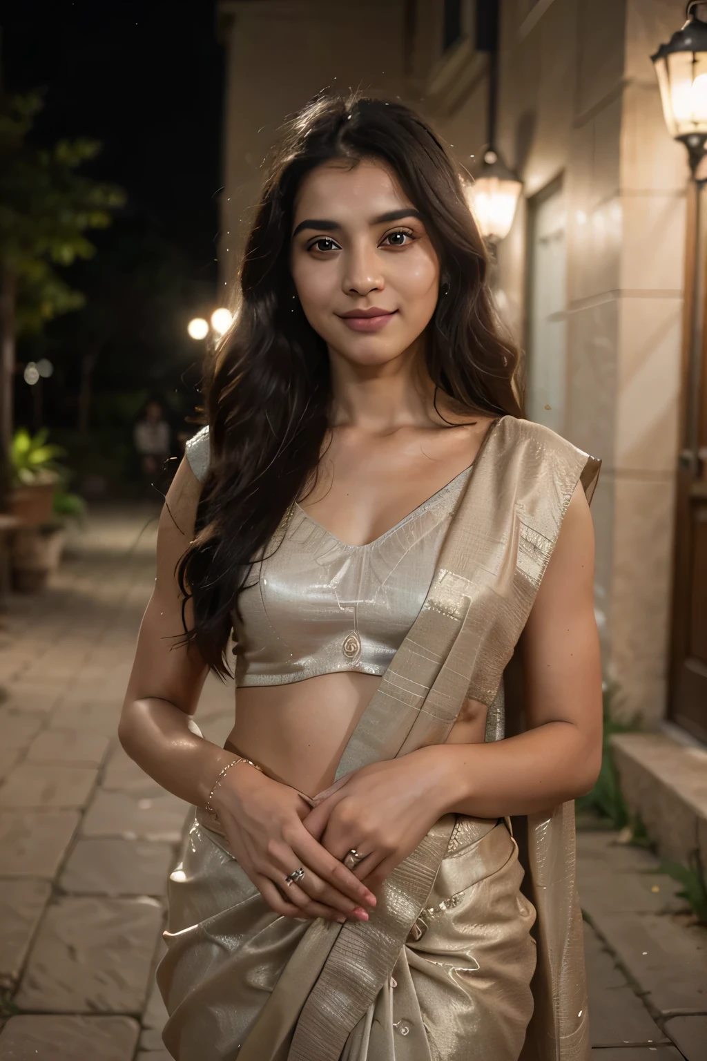 21yo girl, black long hair, walking in a moonlit courtyard, exotic girl, indian, looking at the viewer, shining skin, perfect lighting, the embodiment of grace and elegance, ( saree ),  clear details, beautiful, detailed eyes, detailed pupil, volumetric lighting, Ultra Detailed, unity 8k wallpaper, ultra detailed, aesthetic, masterpiece, best quality, photorealistic smiling, marriage function,