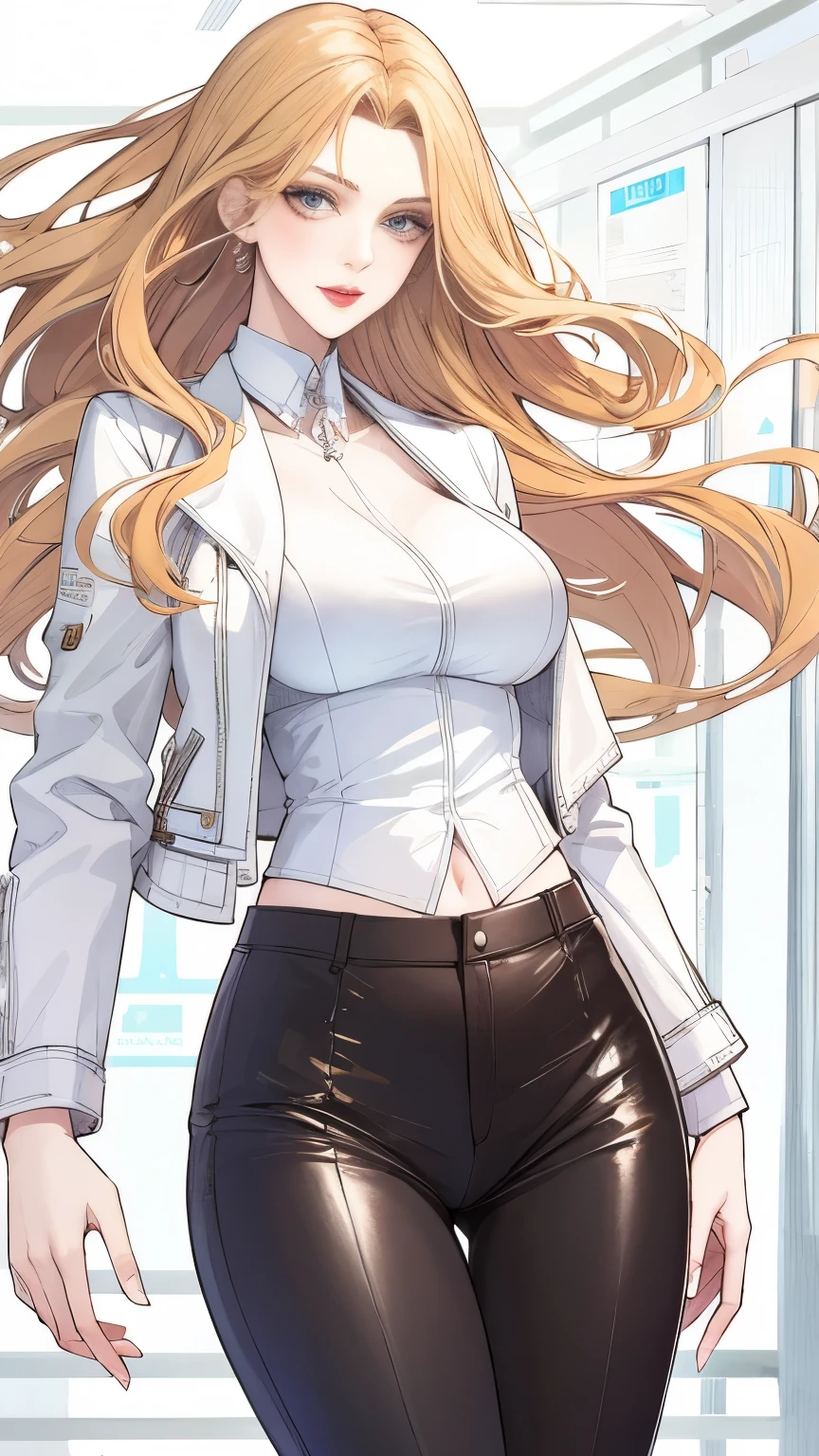 (masterpiece, best quality:1.2), 1girl, solo,mature_lady, delicate face,detail eyes,long hair, floating hair,medium breasts,floating clothes,,white vest, black leather pants，black leather jacket,in a lift, in a elevator