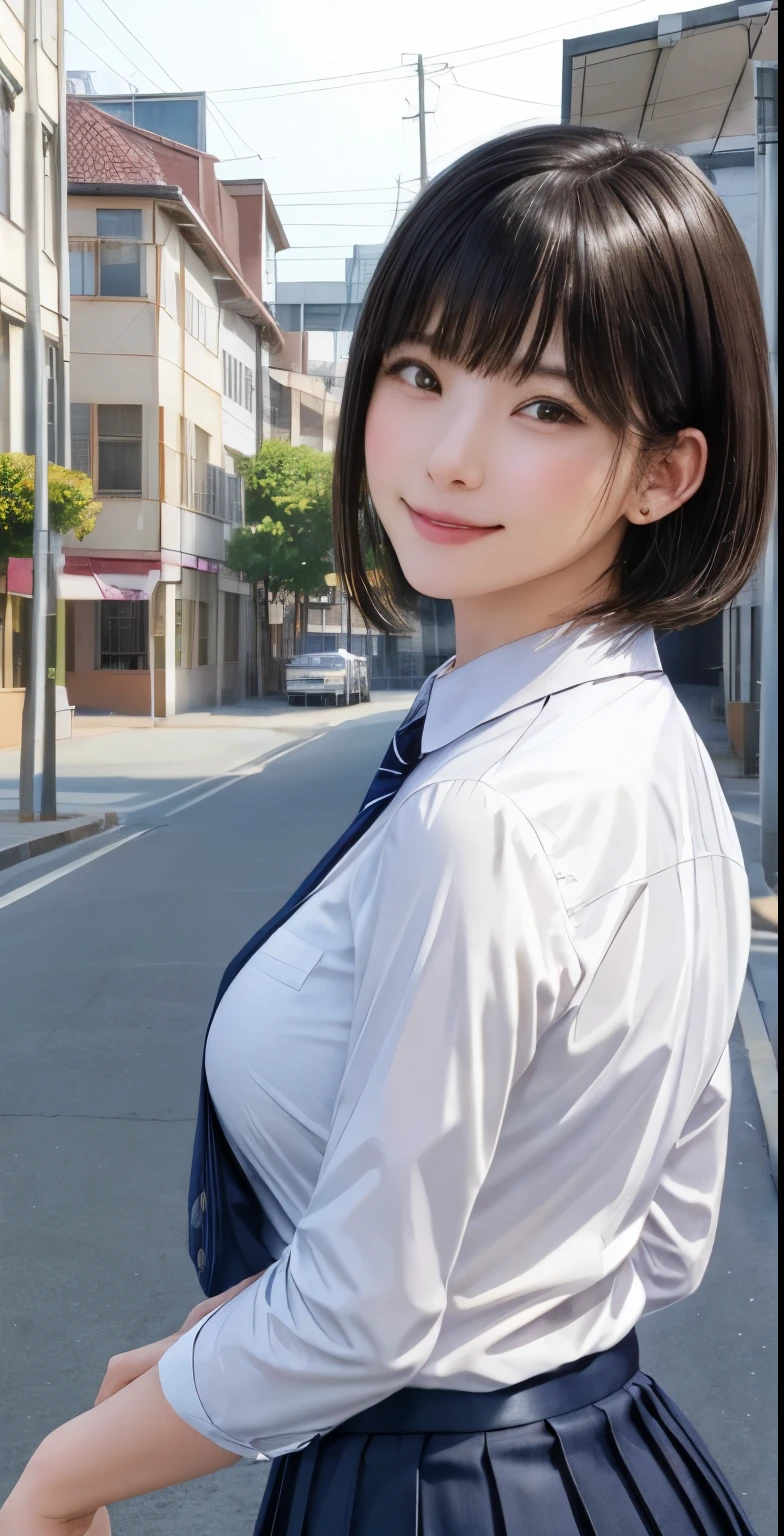 (masterpiece:1.3), (Realistic, RAW Photos, highest quality: 1.4), (One Girl), Beautiful Face, (超Realistic Face、シンメトリーのBeautiful Face), (Short black hair, short hair:1.6、bangs:1.3、Show off your beautiful ears), Beautiful Hairstyles, (Realistic eyes), Beautiful details, Long eyelashes, (Realistic Skin), Beautiful Skin, [Big Breasts:1.3], {Huge|big|Hugeな|Mega} chest, (Perfect body:1.3), (Detailed body:1.2), (tie), (Collared shirt, Pleated skirt:1.3), Absurd, charm, Ultra-high resolution, Ultra-realistic, Very detailed, Golden Ratio,Very cute beautiful woman、28 years old、Beautiful angle from behind、Background in front of the school building、smile、shut up.