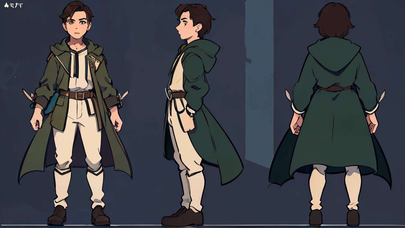 [Full Body], Character named Will treaty Raptc, brown hair, , archer clothes with green cloak, 1.50m, Ghibli-like colours, multiple views, three sided view, UHD, retina, masterpiece, accurate, anatomically correct, textured skin, super detail, high details, high quality, best quality, highres, 16k