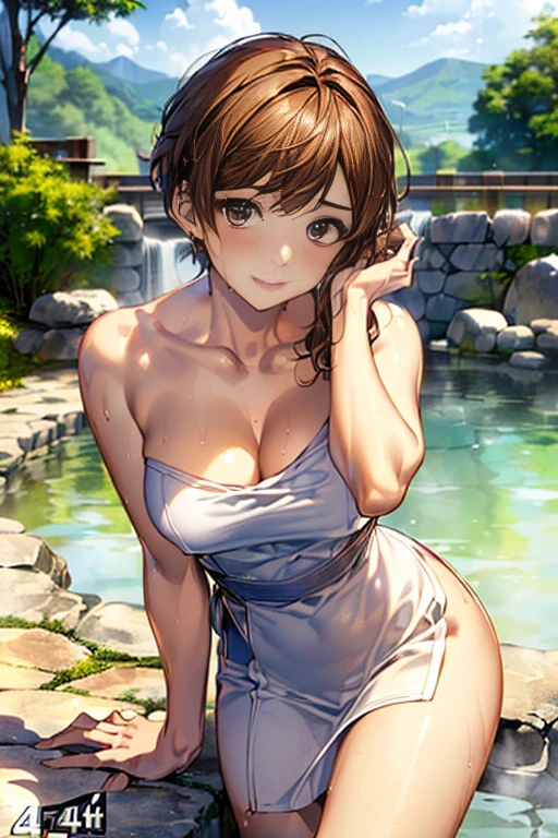 ((highest quality、8k、masterpiece:1.3)), (short hair, Beautiful Hairstyles, Brown Hair:1.5)、(Open-air bath:1.2), (Soak in a hot spring:1.3), clear, Fine skin、beautiful clear eyes、Cleavage、((attractive appearance))、(Narrow waist:1.3)、(Dynamic and seductive poses:1.5), ((Wrap a towel around your body, Wet body)), (Kamimei), Earrings, ((4 divisions:1.6))