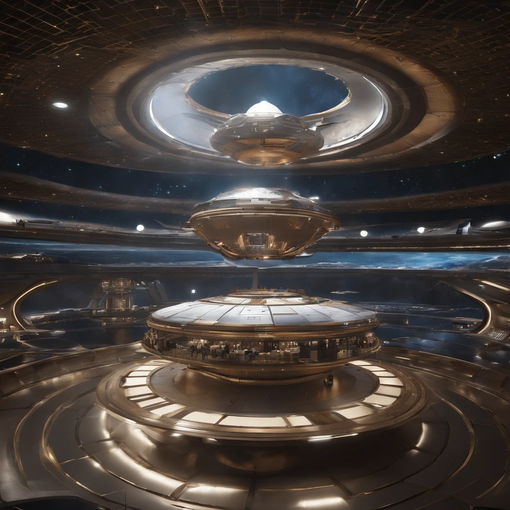 An avant-garde, awe-inspiring 3D render of a futuristic starship, masterfully blending the imaginative realms of Jules Verne, Cosmicpunk, Gerry and Sylvia Anderson, Larry Niven, and Jules Verne. The spaceship's base design is inspired by 30% of the Babylon 5 station, while its bridge resembles a 75% version of a 1957 Chevy Nomad and a 1980s Mack Truck cab. A breathtaking conceptual art piece showcasing an enormous space station, Deep Space 9 style but in the shape of Babylon 5. In the style of protovision and 3D render, the station is surrounded by six O'Neal Class space stations, arranged in equilateral formation, with one in the center. The space station is as massive as 10 times Saturn and generates its own power, illuminating the surrounding area with vibrant glass and crystal diamond-like structures. It's a world memorizing world into itself. At the zenith, of the structure is the command center, in the shape of a metallic gold wired constructed circular 1974 Winnebago. This cinematic scene, inspired by Walter Matt Jeffries, Arthur C Clarke, & Leonardo Da Vinci, features a massive bustling spaceport with hundreds of starships constantly arriving and departing, while the background showcases a stunning cosmic landscape of stars, a nebula, and a comet. It's in 2 million UHD Resolution. The overall composition is a masterful blend of architecture, portrait photography, and the vision of life in the year 5,000., conceptual art, fashion, cinematic, photo, dark fantasy, 3d render, portrait photography, graffiti, architecture, vibrant, ukiyo-e