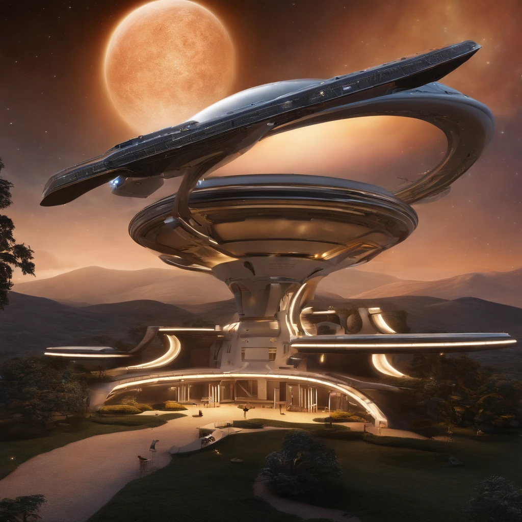 An avant-garde, awe-inspiring 3D render of a futuristic starship, masterfully blending the imaginative realms of Jules Verne, Cosmicpunk, Gerry and Sylvia Anderson, Larry Niven, and Jules Verne. The spaceship's base design is inspired by 30% of the Babylon 5 station, while its bridge resembles a 75% version of a 1957 Chevy Nomad and a 1980s Mack Truck cab. A breathtaking conceptual art piece showcasing an enormous space station, Deep Space 9 style but in the shape of Babylon 5. In the style of protovision and 3D render, the station is surrounded by six O'Neal Class space stations, arranged in equilateral formation, with one in the center. The space station is as massive as 10 times Saturn and generates its own power, illuminating the surrounding area with vibrant glass and crystal diamond-like structures. It's a world memorizing world into itself. At the zenith, of the structure is the command center, in the shape of a metallic gold wired constructed circular 1974 Winnebago. This cinematic scene, inspired by Walter Matt Jeffries, Arthur C Clarke, & Leonardo Da Vinci, features a massive bustling spaceport with hundreds of starships constantly arriving and departing, while the background showcases a stunning cosmic landscape of stars, a nebula, and a comet. It's in 2 million UHD Resolution. The overall composition is a masterful blend of architecture, portrait photography, and the vision of life in the year 5,000., conceptual art, fashion, cinematic, photo, dark fantasy, 3d render, portrait photography, graffiti, architecture, vibrant, ukiyo-e