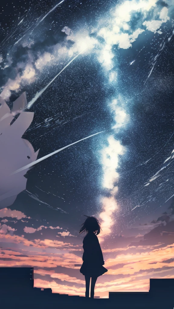 anime,silhouette,1girl, star (sky), cloud, cityscape, building, city, outdoors, skyscraper, city lights, night, night sky, sunset, skyline