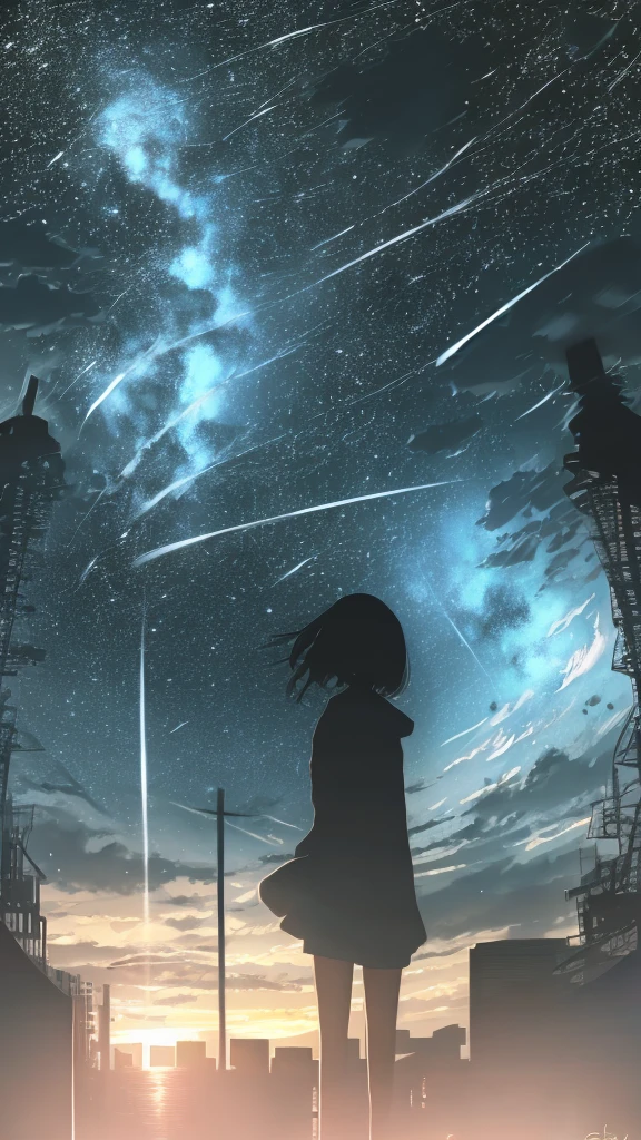 anime,silhouette,1girl, star (sky), cloud, cityscape, building, city, outdoors, skyscraper, city lights, night, night sky, sunset, skyline