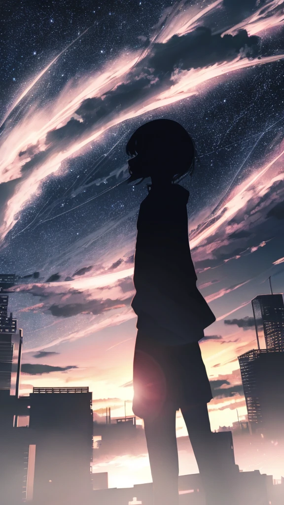 anime,silhouette,1girl, star (sky), cloud, cityscape, building, city, outdoors, skyscraper, city lights, night, night sky, sunset, skyline