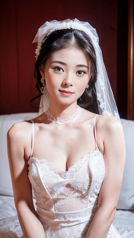 (1girl), ponytail, Extremely cute face, Amazing face and eyes, (Highly detailed eyes, Highly detailed face), fresh, Very clean appearance, (Hyper-realistic, hight resolution), (Best Quality:1.4), (hyper quality), Authentic skin texture, Raw photo, (Realistic, Photorealsitic:1.37), highly detailed, Professional Photography, (beautiful lace bridal dress:1.5), (lace bridal dress with open front), (cleavage:1.2), (Bare shoulders), Smile slightly, (Staring at me), luxury living room, girl portrait,