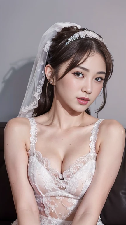 (1girl), ponytail, Extremely cute face, Amazing face and eyes, (Highly detailed eyes, Highly detailed face), fresh, Very clean appearance, (Hyper-realistic, hight resolution), (Best Quality:1.4), (hyper quality), Authentic skin texture, Raw photo, (Realistic, Photorealsitic:1.37), highly detailed, Professional Photography, (beautiful lace bridal dress:1.5), (lace bridal dress with open front), (cleavage:1.2), (Bare shoulders), Smile slightly, (Staring at me), luxury living room, girl portrait,