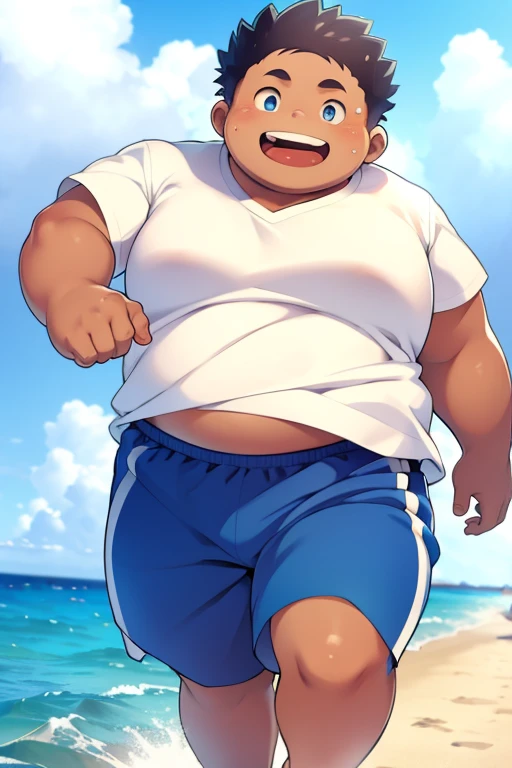 Fat boy, overweight, swimming shorts, by the sea, tanned skin, blue eyes, cute, happy, running,