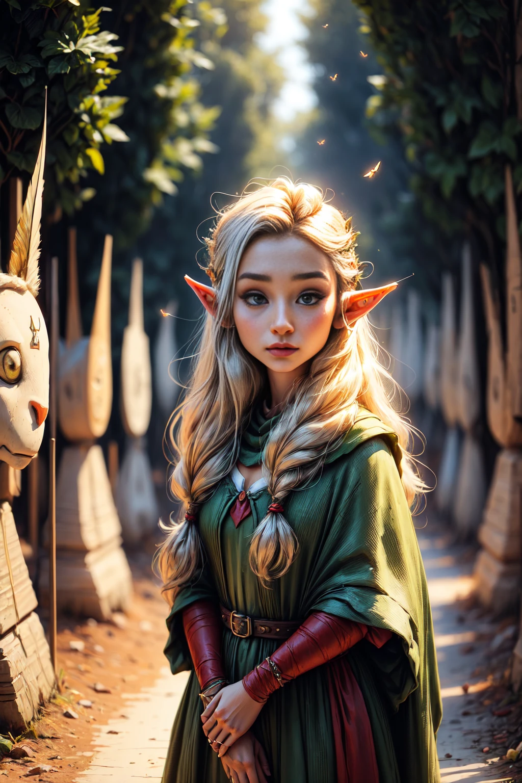 primer plano, cuerpo entero, raw photography,((a mythological teenage female elf with beautiful long hair wearing elf costume:1.3)), (en su espalda lleva un arco con flechas:1.3), noche profunda ,fondo difuminado ,magical scene with halo of light, insectos luminosos, hermoso bosque florido, con animales del bosque, (mejor calidad, 4k, 8K, high resolution, obra maestra:1.2), ultra detallado, (realista, photo realista, photo-realista:1.37), warm lighting, colores vibrantes, enfoque suave, Cuento de elfos, dreamer, acogedor, adorable, lindo, caprichoso, Fancy, encantador, sereno, peaceful, inocente, reconfortante, imaginativo, action pose