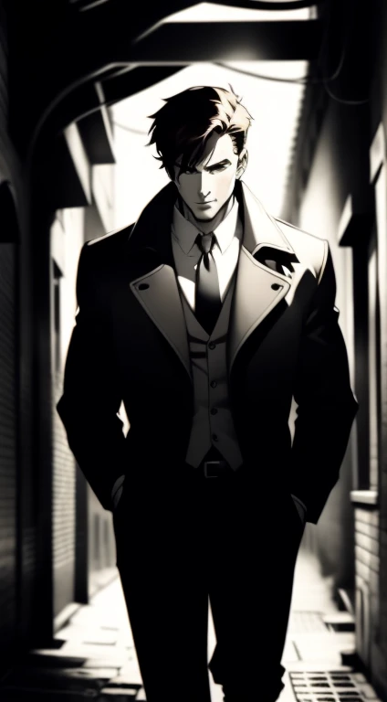Mid 20s male detective, brown hair, detailed, toned body, simple, Noir et blanc, monochrome, looking at viewer, plain looking, white shirt and tie, gritty, unshaven, trench coat, walking down a city alleyway