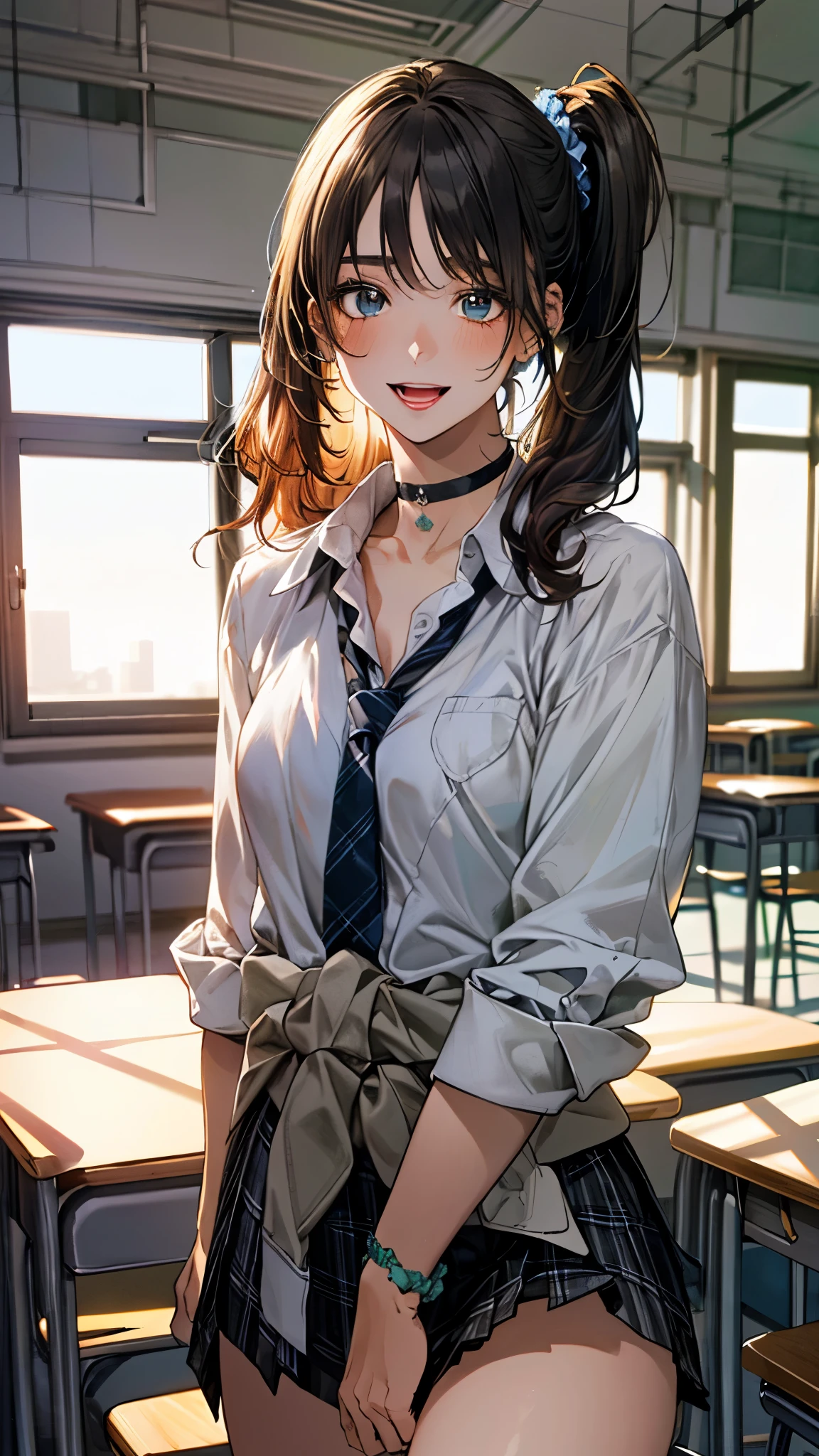 (masterpiece:1.3, top-quality, ultra high res, ultra detailed), (realistic, photorealistic:1.4), beautiful illustration, perfect lighting, natural lighting, colorful, depth of fields, ,
beautiful detailed hair, beautiful detailed face, beautiful detailed eyes, beautiful clavicle, beautiful body, beautiful chest, beautiful thigh, beautiful legs, beautiful fingers, shiny skin,
looking at viewer, (face focus, from below), 1 girl, high school girl, (perfect anatomy, anatomically correct, super detailed skin), cute and symmetrical face, babyface,
(long hair, side ponytail, orange hair), swept bangs, deep blue eyes, long eyelashes, (large breasts, seductive thighs), perfect face, perfect eyes, outstanding style, ,
(detailed cloth texture), break, (black collared shirts, grey plaid pleated skirt), break, cardigan around waist, deep green tie, black choker, black hair scrunchie, wrist chakra,
(beautiful scenery), afternoon, (school classroom:1.2), cityscape of windows, (standing), (lovely smile, open mouth small),