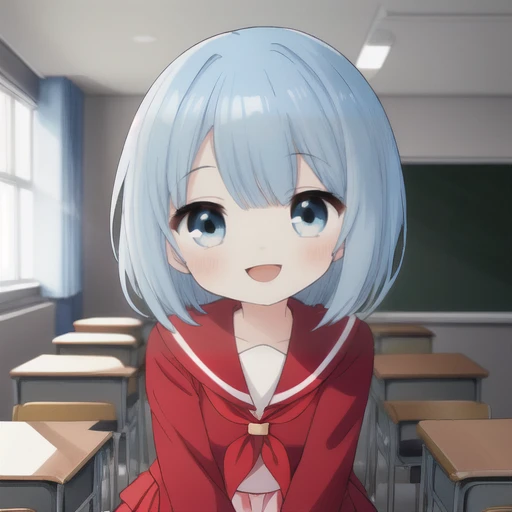 One girl、12 years old、Light blue hair、Bob Hair、Red Sailor Suit、skirt、Wide Eyes、The best smile、Wink、piece、classroom、whole body、Everyone's Idol、Smile