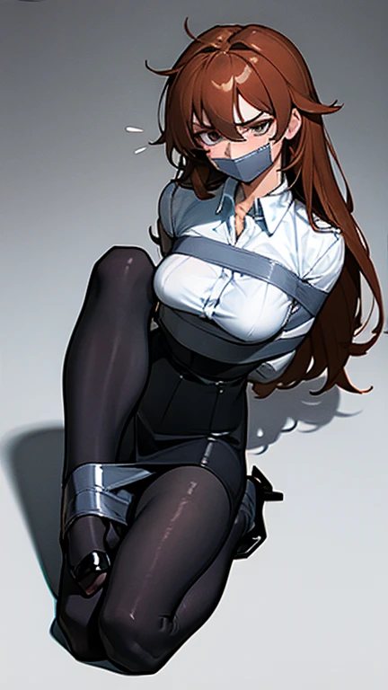 Highest quality, high resolution, 1 woman with long hair, center part, voluminous hair, in her 20s, white tight buttoned shirt, knee length, form fitting pencil skirt, black pantyhose and high heels , wrinkled clothing, photo realistic, smooth, detailed face, perfect skin, beautiful, Insanely detailed, (taped mouth), tape gag, gag, gagged, ankles taped, mouth taped, arms bound behind back, elbows taped, wrists taped, taped legs, taped arms, knees taped, frightened, pleading eyes, desperate escape attempt, crying, fearful, award wining, masterpiece, super detail, detailed background, anatomically correct, best quality, 16k, breasts focus, messy hair, tears