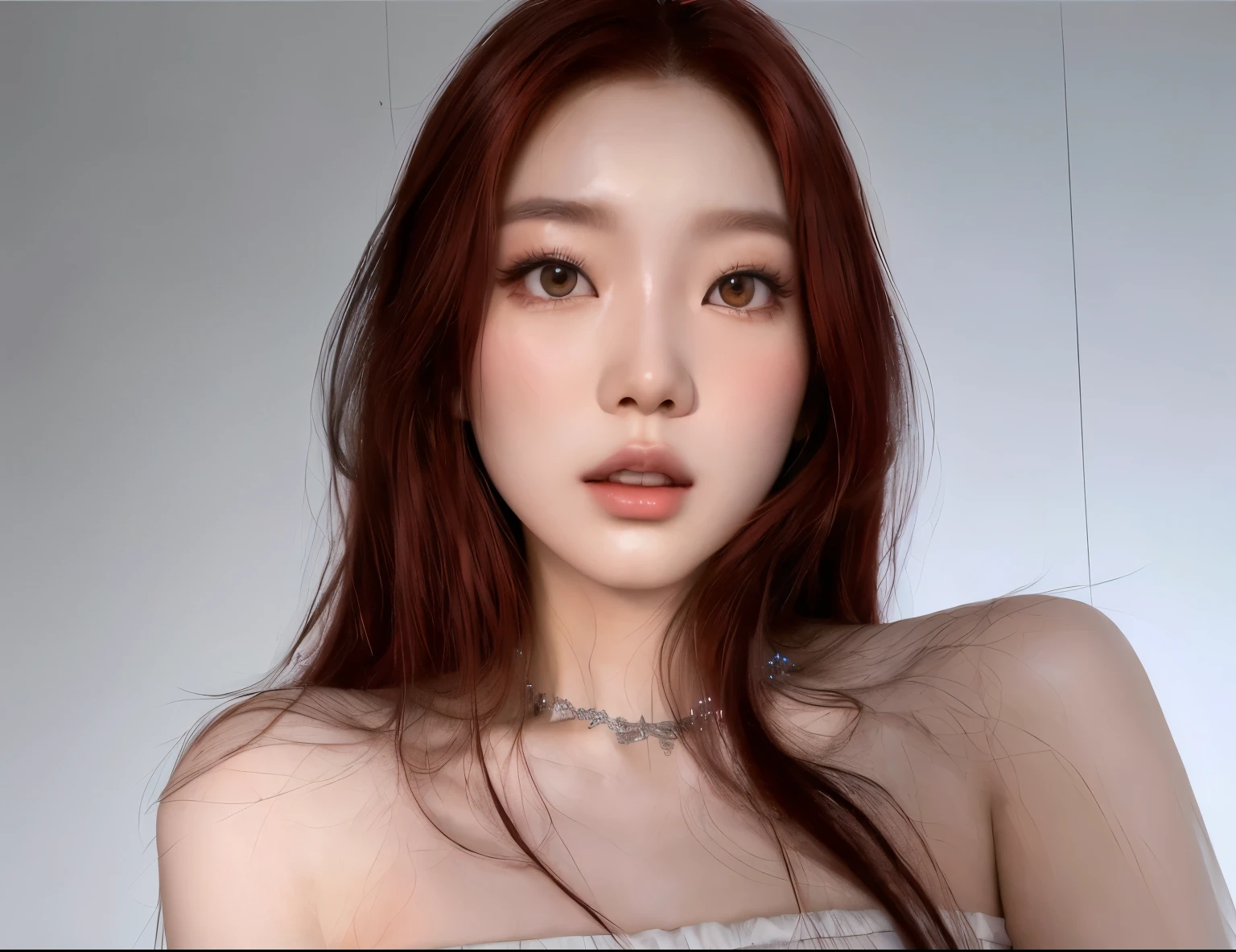 Fluffy Asian woman with long red hair wearing a white dress, estilo de arte realista, inspirado em Sim Sa-jeong, inspirado em Yanjun Cheng, no art style by bowater, pintura digital brilhante, photoestilo de arte realista, Retrato de Jossi do Blackpink, pele brilhante, #1 pintura digital de todos os tempos, # 1 pintura digital de todos os tempos