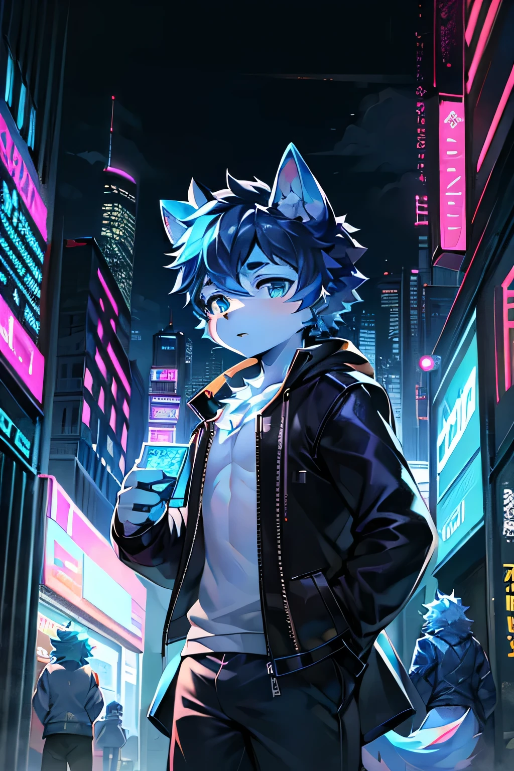 raposa marmore furry, tipo anime, olhos grandes, the hair is neon blue, pelo preto e branco, roupas futuristas, cyberpunk，pupilas azuis corpo inteiro, raposa macho, young guy he is in a futuristic city, It&#39;s night, cidade movimentada, no meio da times square, olhando para cima, cabelos completamente azul, usando casaco futurista, there is a fox tail
