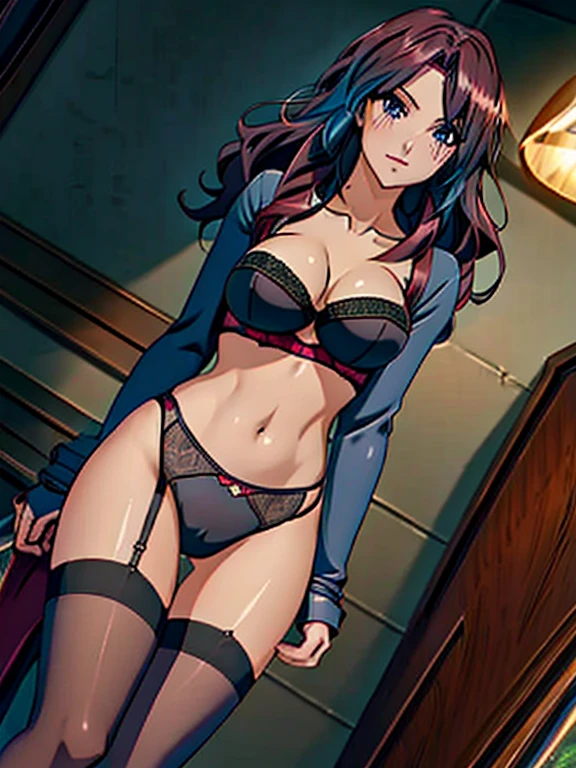 Irish girl in a black lingerie and high stockings, top-quality, anime realisitic, ultra-detailliert, Versatile sexy poses、long dark red hair, dark blue-eyed, slender, dynamic light and shadow, hight resolution, sharp focus, depth of fields, glow pupils. beautiful and sexy body, slender body, perfect body, in a very tight and very cute lingerie, cowboy shot, a room scene
