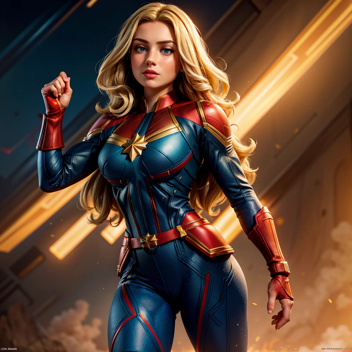 8K, Ultra HD, super details, high quality, high resolution. The Captain Marvel heroine looks beautiful in a full-length photo, her body is sculptural, her long straight blonde hair shines in perfect combination with her white skin, her bright blue eyes mesmerize everyone. The upper part of the uniform is blue, with red and gold details that create an interesting visual contrast, the lower part of the uniform is predominantly red, Captain Marvel's boots are red and gold, complementing the heroic look of the uniform. she looks very sexy, drawing attention to her big breasts and thick legs.