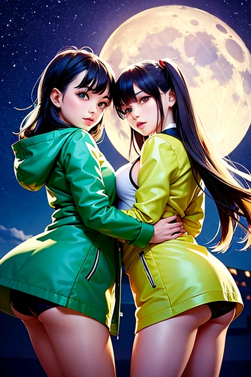 Moon, moonlight, two sexy girls characters, green raincoat, front view,tornado in the background, wind move their raincoat, 