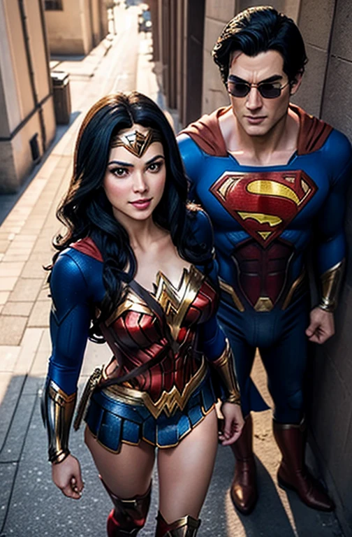 The character Wonder Woman and the character Superman(perfect costume) flying over the buildings in love, perfect costume, beautiful legs, traditional hairstyle, sadistic smile, traditional face makeup, in the shadows background buildings sunshine 