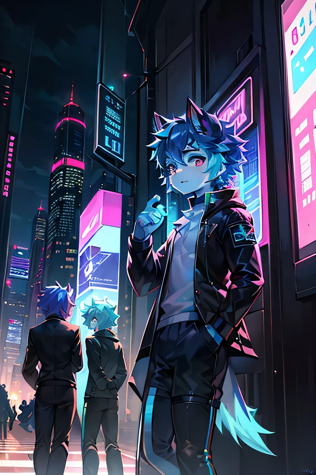 raposa marmore furry, tipo anime, olhos grandes, the hair is neon blue, pelo preto e branco, roupas futuristas, cyberpunk，pupilas azuis corpo inteiro, raposa macho, young guy he is in a futuristic city, It&#39;s night, cidade movimentada, no meio da times square, olhando para cima, cabelos completamente azul, usando casaco futurista, there is a fox tail
