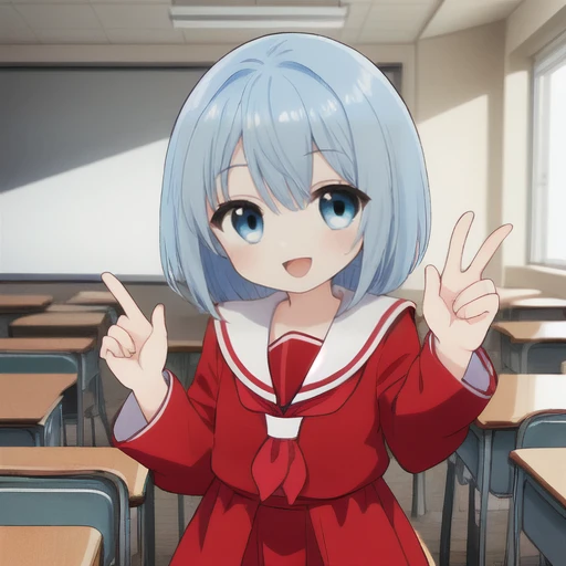 One girl、12 years old、Light blue hair、Bob Hair、Red Sailor Suit、skirt、Wide Eyes、The best smile、Wink、piece、classroom、whole body、Everyone&#39;s Idol、Smile
