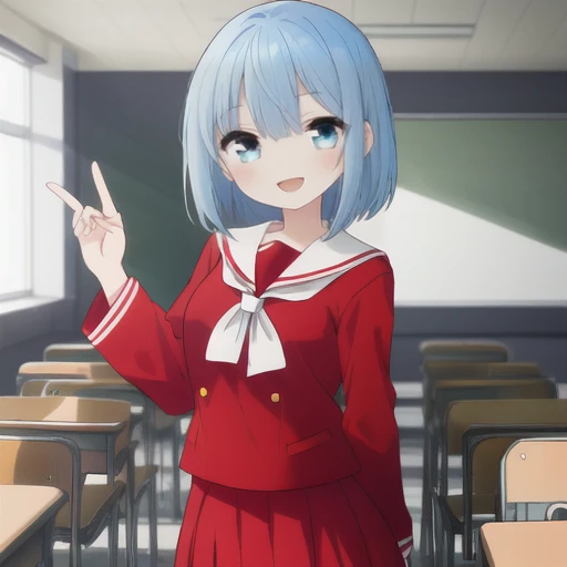 One girl、12 years old、Light blue hair、Bob Hair、Red Sailor Suit、skirt、Wide Eyes、The best smile、Wink、piece、classroom、whole body、Everyone's Idol、Smile