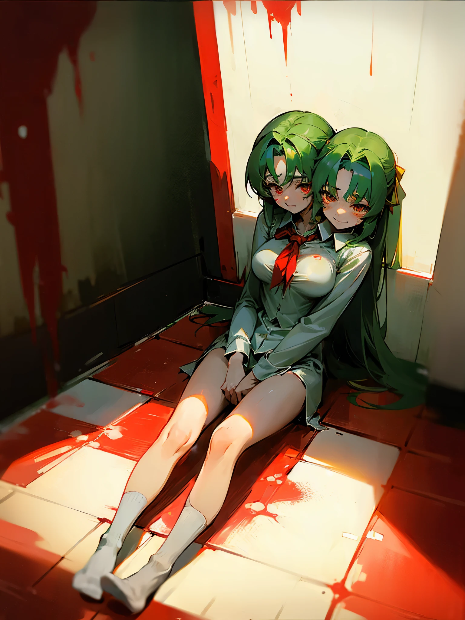 (2heads:1.5), crazy girl crazy  socks older green long hair shrine maiden   breasts white shirt. stabbed blood knife crying blood on walls, wooden floor blood on ground, blood on walls lots of red liquid spilled on floor. red water on ground sonozaki shion